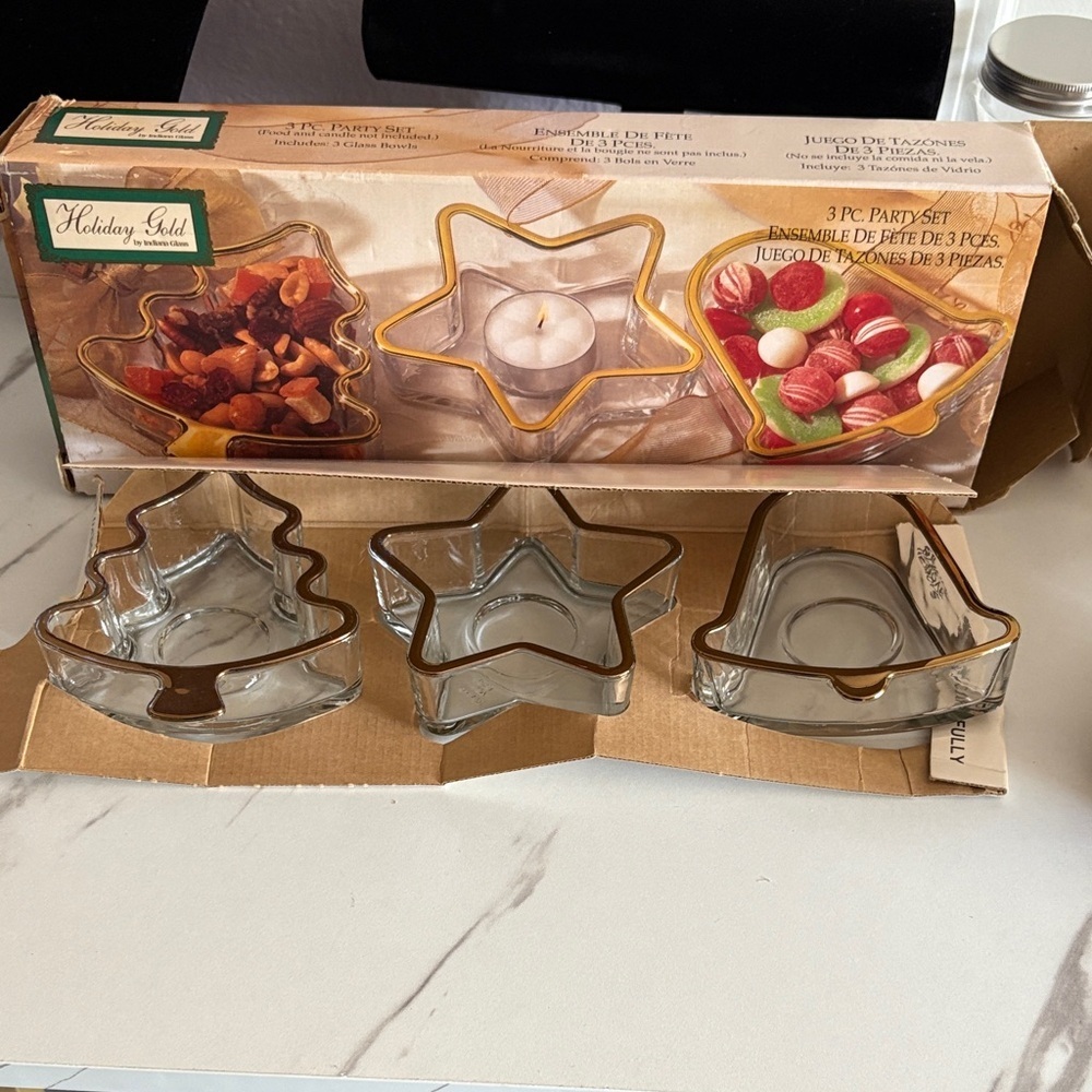 Gold Rimmed Glass Holiday Decor Set new in box